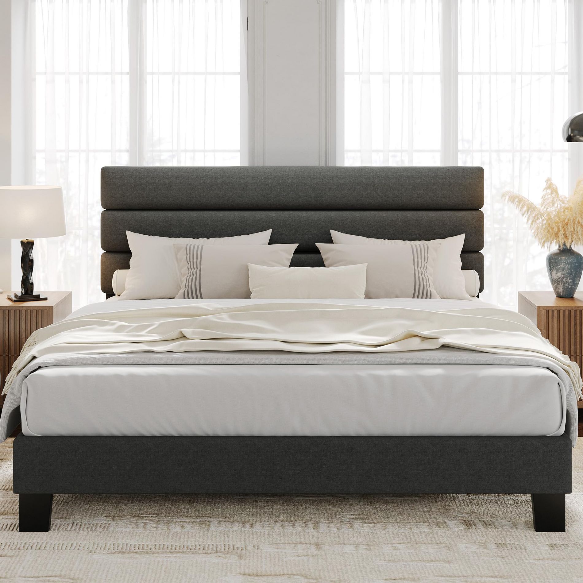 Queen Bed Frame with Adjustable Headboard, Linen Fabric Upholstered, Heavy Duty Mattress Foundation, No Box Spring Needed, Grey