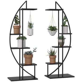 Outsunny 5 Tier Metal Plant Stand Half Moon Shape Ladder Flower Pot Holder Shelf for Indoor Outdoor Patio Lawn Garden Balcony Decor, 2 Pack
