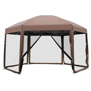 FDW Pop Up Gazebo 13x13ft Hexagonal Gazebo Party Tent Outdoor Shelter with Adjustable Height & Waterproof Canopy for Parties Picnics or Camping, Brown - 1 of 4