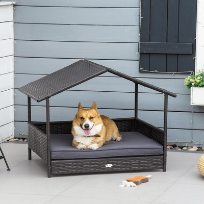 Lyngins Premium Wicker Pet Bed for Outdoor with Canopy,Water-Resistant Rattan Medium Dog Sofa Bed