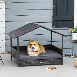 Akoasm Wicker Dog House With Canopy & Rattan Dog Bed With Waterproof Cushion For Small And Medium Dogs Outdoor-Gray - 1 of 4