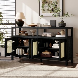 APRILSOUL Bohemian Rattan Buffet, Wood Frame & 3-Pos Adjustable Shelves, Push-to-Open for Living/Dining Rooms - 1 of 4