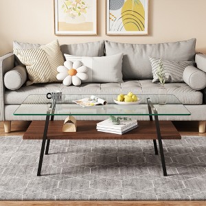 35.43" Tempered Glass Oval Coffee Table with Oak Wood Legs and 3 Layers for Living Room - 1 of 4