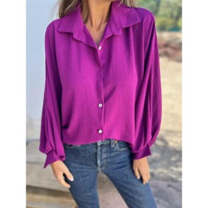 Women's Blouse Puff Long Sleeve Button-Down Shirt Batwing Sleeves Top - 1 of 2