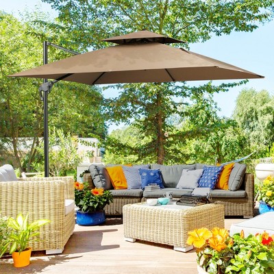 NicBex 10 Ft 2-Tier Cantilever Patio Umbrella,Square Offset Umbrella for Patio,Hanging Umbrella Outdoor with Crank,Cross Base,Brown