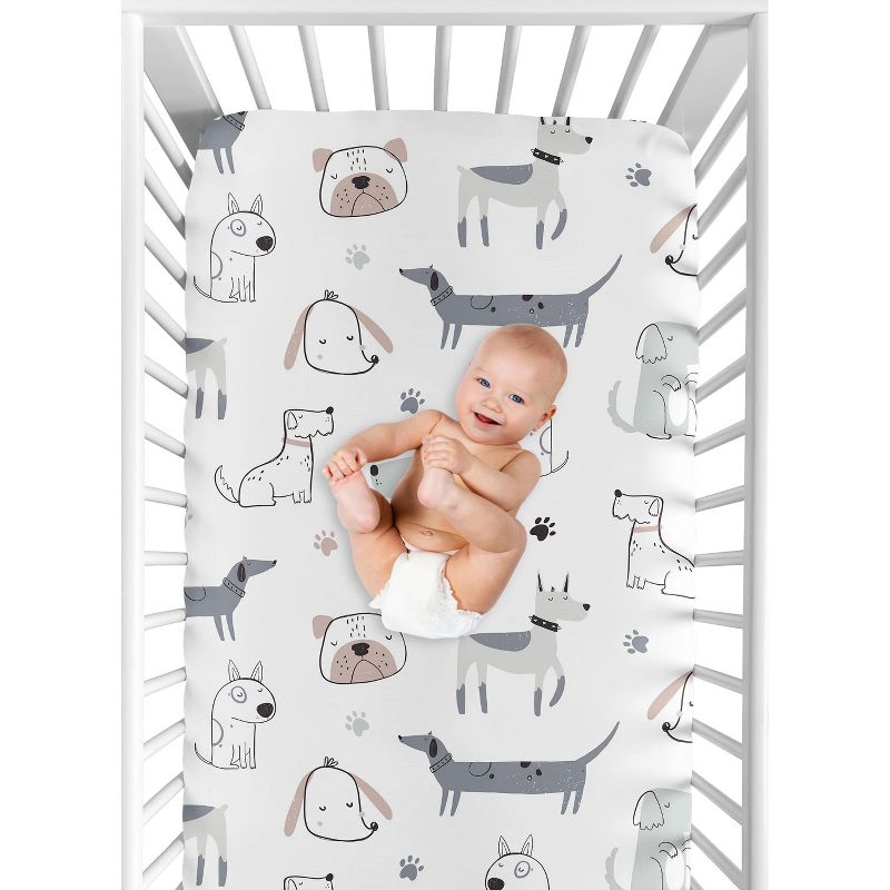 Sweet Jojo Designs Boy Baby Fitted Crib Sheet Cartoon Puppy White Taupe and Blue, 5 of 8