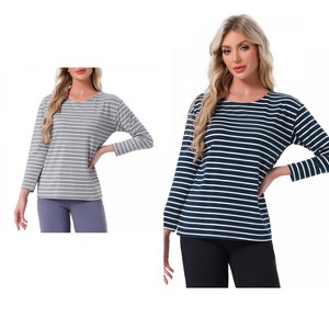 INSPIRE CHIC Women's 2 Pcs Cotton Contrast Stripe Pullover Top Long-Sleeve Lounge Pajama Blouse - 1 of 4