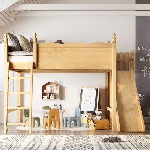 GDFStudio Rune Wooden Loft Bed with Storage Shelves, Detachable Slide and Ladders - 1 of 4