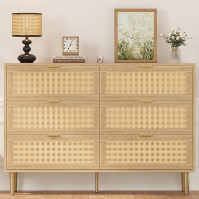 Rattan 6 Drawer Dresser for Bedroom, Natural Oak Chest of Drawers with Gold Legs, Wide Dresser Organizer with Large Tabletop for Living Room Nursery