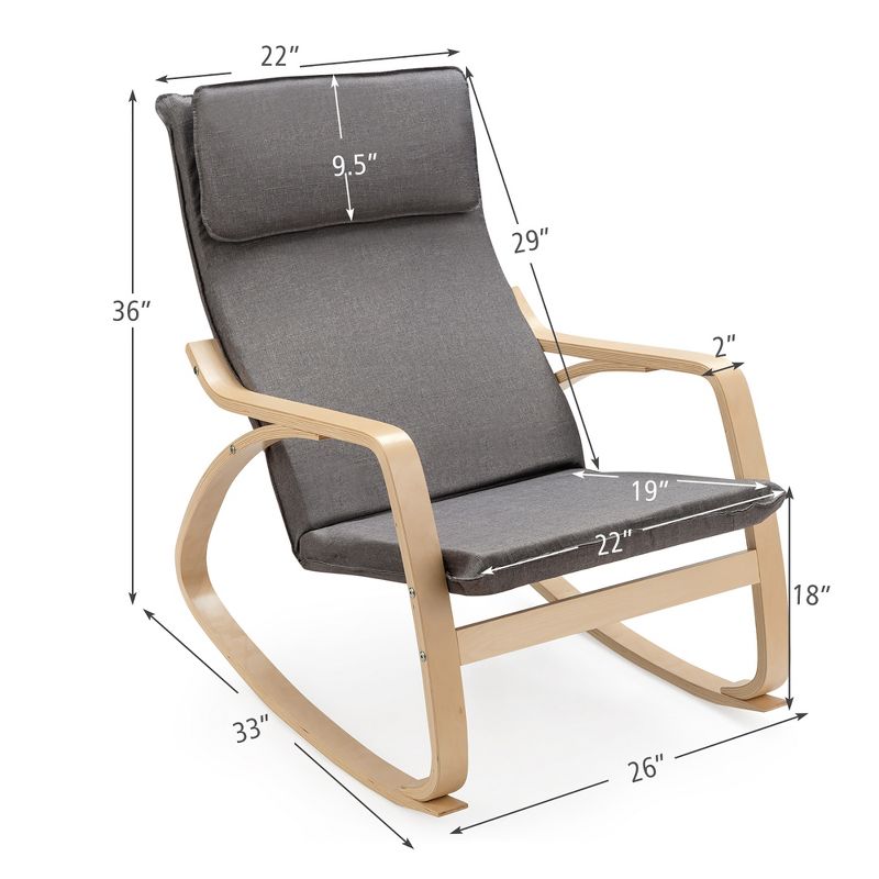 Costway Modern Bentwood Rocking Chair Fabric Upholstered Relax Rocker Lounge Chair Gray\Beige, 4 of 11