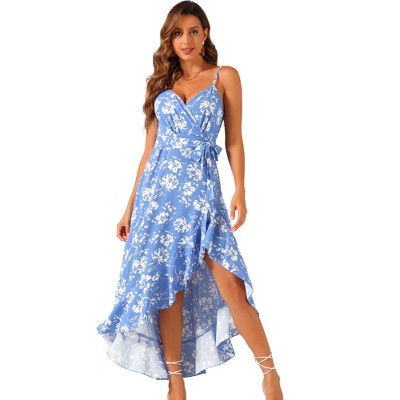 Allegra K Women's Floral Spaghetti Strap Wrap V Neck Ruffle High Low Hem Sleeveless Sundresses with Belt