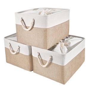 Aoibox Fabric Storage Bins with Drawstring Closure and Handles Collapsible Large Canvas Baskets White Yellow 3 Pack - 1 of 4