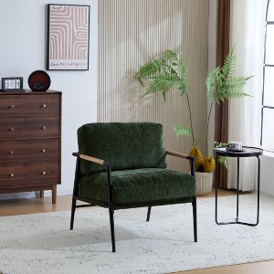 Racxily green modern style chair with soft cushion - minimalist metal frame, wooden armrests, modern elegance for living room/bedroom/office - 1 of 4