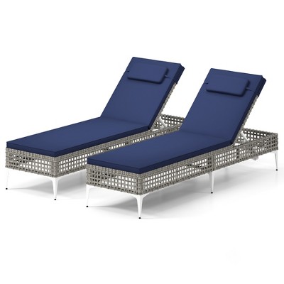 Tangkula Set Of 2 Patio Chaise Lounge Chair PE Wicker Reclining Sun Lounger with 6-Level Adjustable Backrest Removable Cushion & Headrest Outdoor