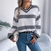 Women's V - Neck Color - Block Striped Lantern - Sleeve Pullover Sweater, Stylish and Cozy Knitwear for Fall and Winter - 2 of 4