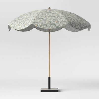 8.5' x 8.5' Round Scalloped Spring Floral Patio Umbrella DuraSeason Fabric™ Green - Light Wood Pole - Opalhouse™