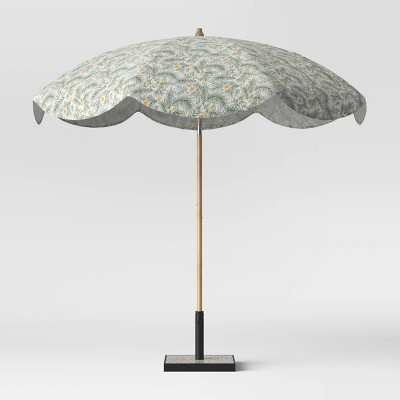 8.5' Round Scalloped Spring Floral Patio Umbrella DuraSeason Fabric™ Green - Light Wood Pole - Opalhouse™