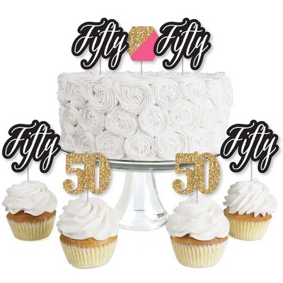 Big Dot of Happiness Chic 50th Birthday - Pink, Black and Gold - Dessert Cupcake Toppers - Birthday Party Clear Treat Picks - Set of 24