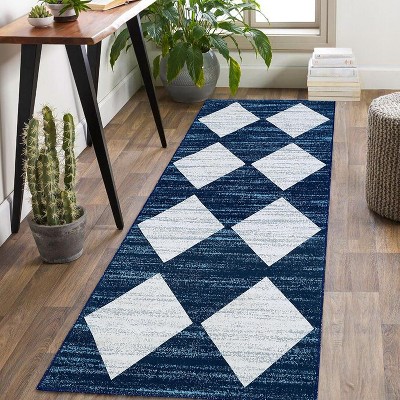 Washable Runner Rug Distressed Trellis Checkered Area Carpet Non Slip Low Pile Soft Neutral Modern Rug for Entryway Bedroom