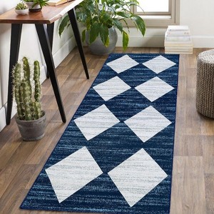2'x6'Washable Runner Rug Distressed Trellis Checkered Area Carpet Non Slip Low Pile Soft Neutral Modern Rug for Entryway Bedroom,Blue - 1 of 4