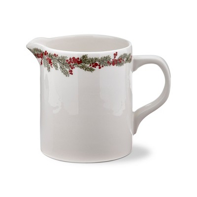 tag Farmhouse Christmas Holly Berry Printed White Stoneware Water Beverage Pitcher, 32 oz