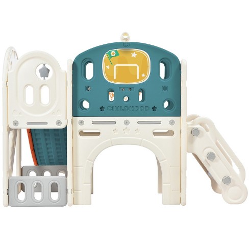 VisioGear 7 in 1 Kids Slide Playset,Castle Crawling Playhouse with Basketball Hoop,Kids Climbers Playground,Grey&White,60.2''*73.2''*43.7'' - image 1 of 4