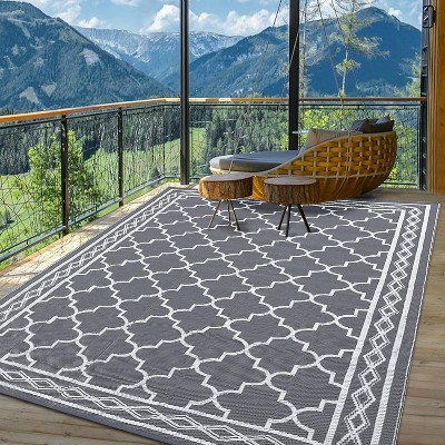 Reversible Plastic Straw Rug - Waterproof Outdoor Mat, Geometric Design for Patio, RV, Camping, Picnic - Indoor/Outdoor Use