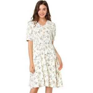INSPIRE CHIC Women's Vintage Floral Peter Pan Collar High Waist Puff Sleeve A-line Midi Dress - 1 of 4