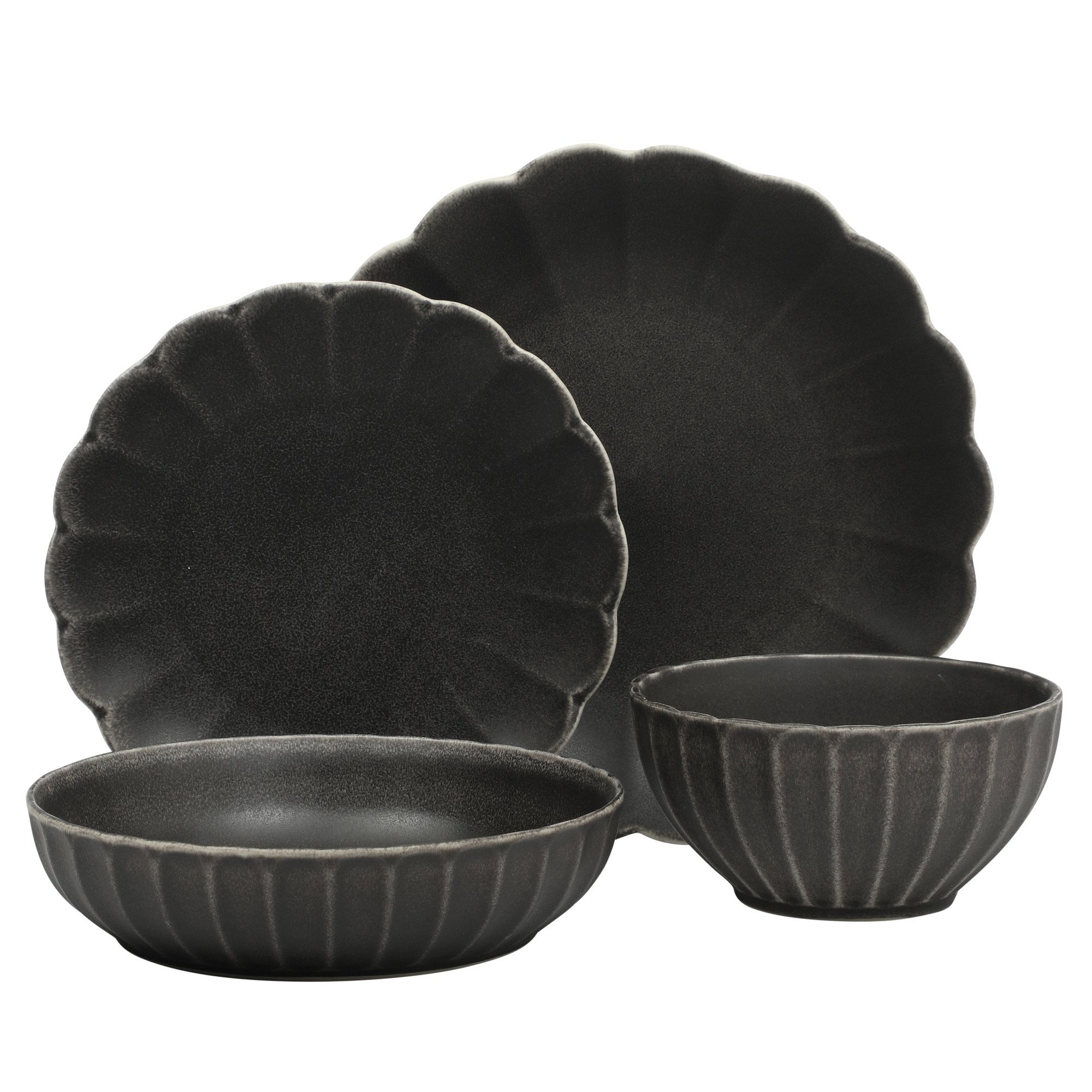 Gibson Elite Malibu Shore 16 Piece Scallop Stoneware Reactive Glaze (Service for 4) Ceramic Plates and Bowls Dinnerware Set - Black