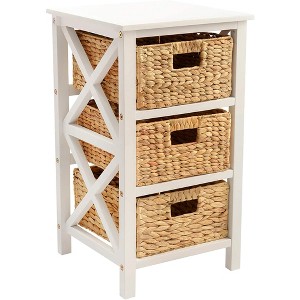 eHemco 3 Tier X-Side End Table Side Table Storage Cabinet with 3 Natural Water Hyacinth Wicker Baskets - 1 of 4
