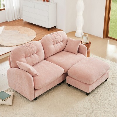Upholstered Pink Chenille Cloud Deep Seat Sectional Sofa,L Shaped Couch with Ottoman for Bedrooms Living Rooms Reading Nooks-The Pop Home