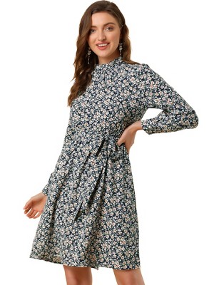 Allegra K Women's Mock Neck Swing Midi Long Sleeve A-line Floral Dress