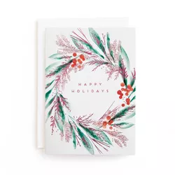 Minted 10ct 'Happy Holidays' Pink Glitter Wreath Boxed Holiday Greeting Card Pack