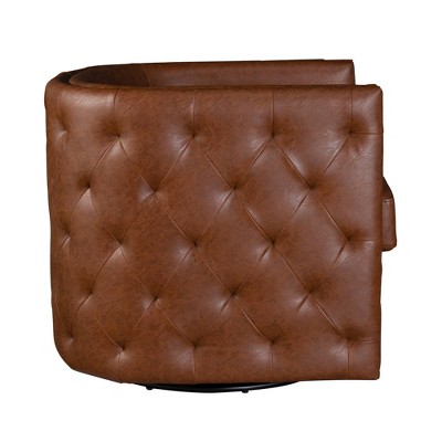 Brown Faux Leather Barrel Swivel Accent Chair with Wood Frame