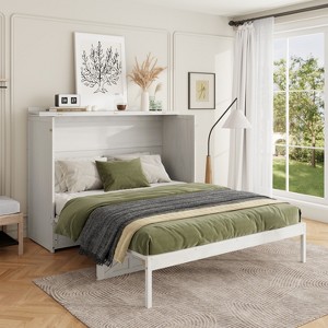 Queen/Full Size Wooden Murphy Bed Wall Bed Frame with A Large Drawer, USB Ports and Charging Outlets 4S -ModernLuxe - 1 of 4