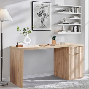 60" Executive Desk, Wood Modern Home Office Desk with Drawer & Cabinet, Fluted Computer Writing Desk for Living Room, Bedroom - 1 of 4