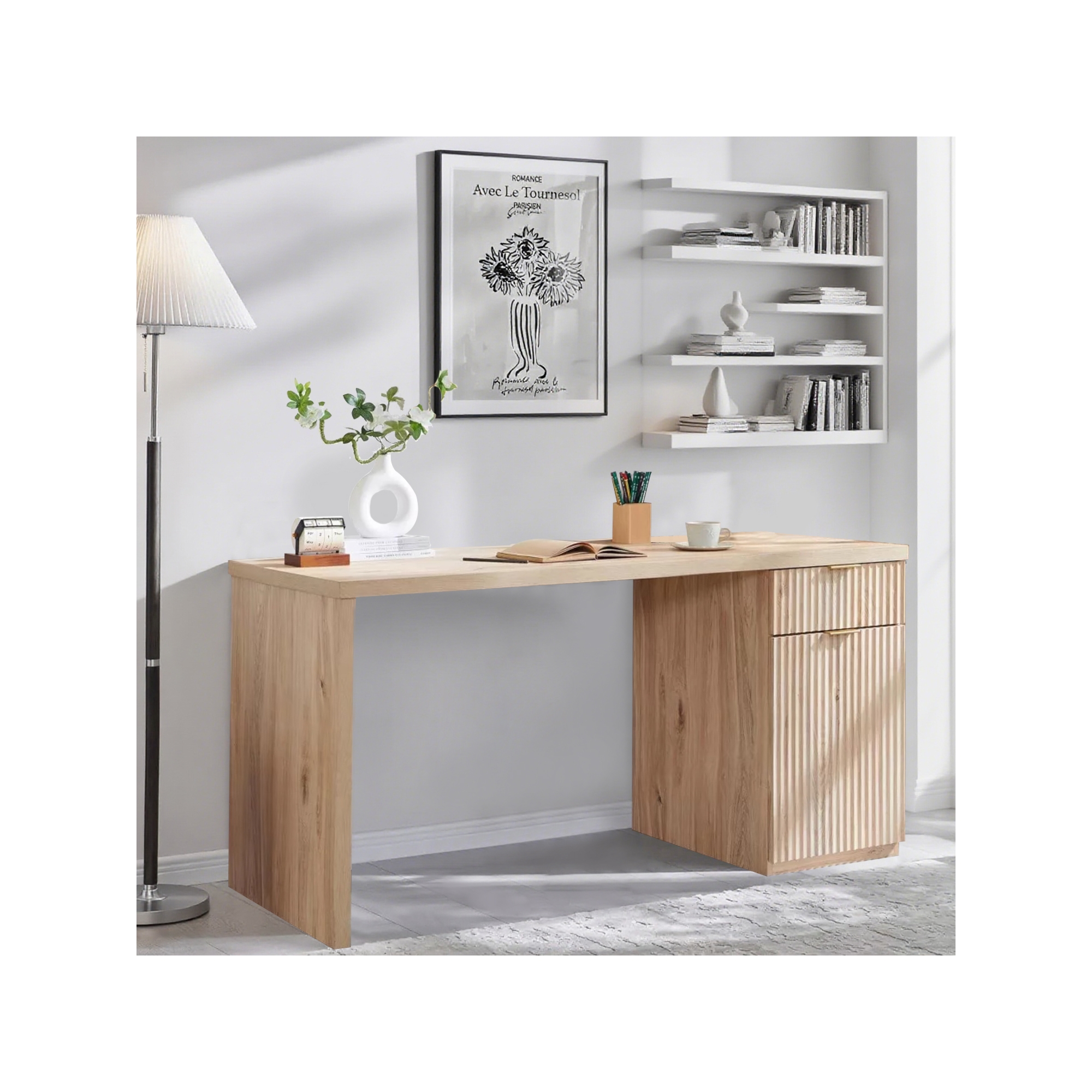 60" Executive Desk, Wood Modern Home Office Desk with Drawer & Cabinet, Fluted Computer Writing Desk for Living Room, Bedroom, Oak