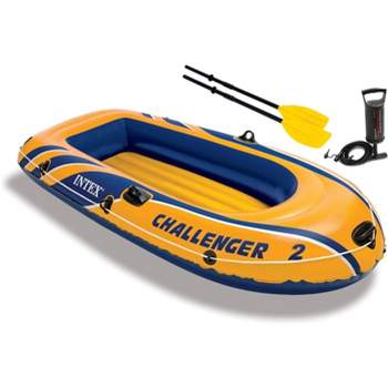 Intex Challenger 2 Inflatable 2 Person Floating Boat Raft Set with 2 48-Inch Oars, Oar Locks, Grab Handles and High-Output Hand Air Pump