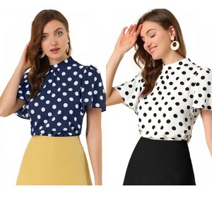 INSPIRE CHIC Women's Polka Dots Stand Collar Pleat Keyhole Back Short Flare Sleeve Tops 2 Packs - 1 of 4