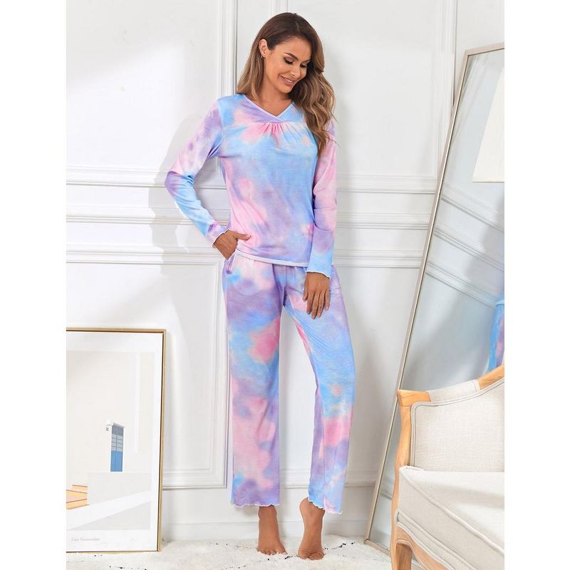 Women's Pajama Set Tie Dye Two Piece Long Sleeve Tops and Pants Sleepwear Soft Loungewear Pjs, 3 of 9