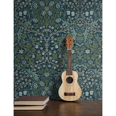 Prussian Blue and Moss Green Damask Peel and Stick Wallpaper