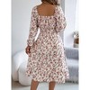 Coolmee Women Long Sleeve Square Neck Dress Casual Floral A Line Flowy Midi Dresses High Waist - 4 of 4