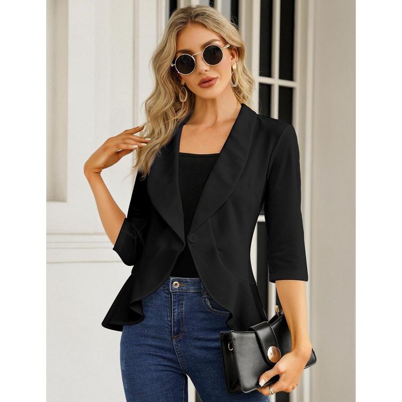 Womens Casual Blazer 3/4 Sleeve Open Front Ruffle Work Office Cardigan Suit Jacket, 2 of 7