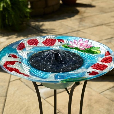 Hand-Painted Glass Koi Solar Birdbath with Steel Stand