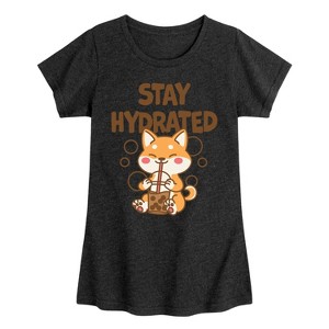 Girls' - Instant Message - Kawaii Shiba Inu Dog with Bubble Tea Fitted Short Sleeve Graphic T-Shirt - 1 of 4
