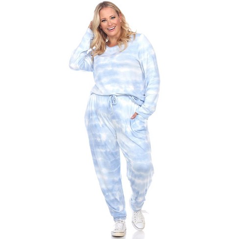 Women's Plus Size Short Sleeve Top And Pants Pajama Set White/blue