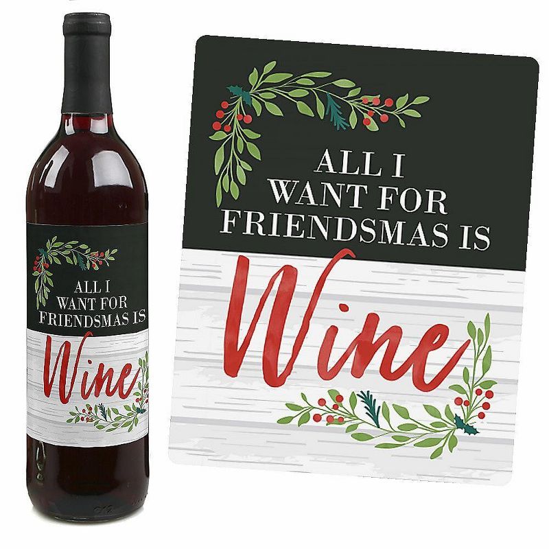 Big Dot of Happiness Rustic Merry Friendsmas Gifts for Women and Men - Christmas or Holiday Wine Bottle Label Stickers - Set of 4, 3 of 9