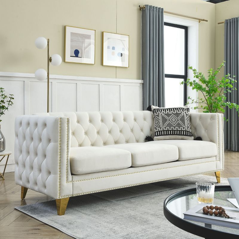Living Room Modern Velvet Sofa With Button Tufted Square Arms And Metal Legs - ModernLuxe, 1 of 14