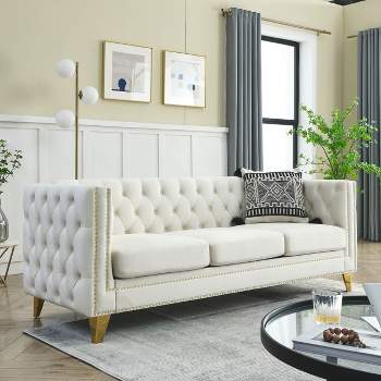 Living Room Modern Velvet Sofa With Button Tufted Square Arms And Metal Legs - ModernLuxe