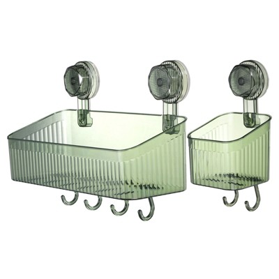 Unique Bargains Wall Mount Strong Suction Cup Shower Caddy with Hooks 2 Pcs